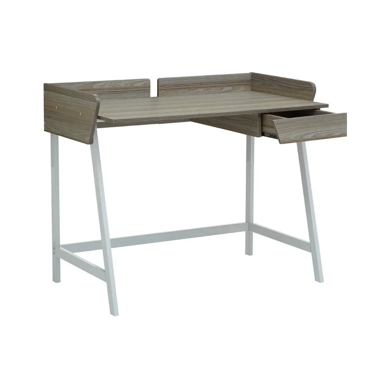 Oak effect computer desk with white metal legs and side drawer, angled front view