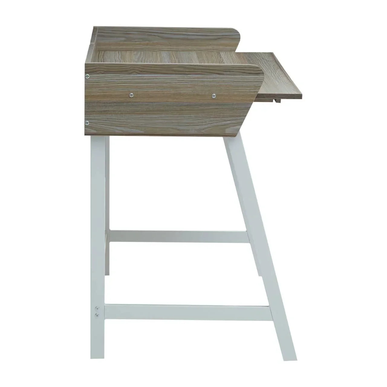 Side view of wooden desk with white metal legs and raised back panel