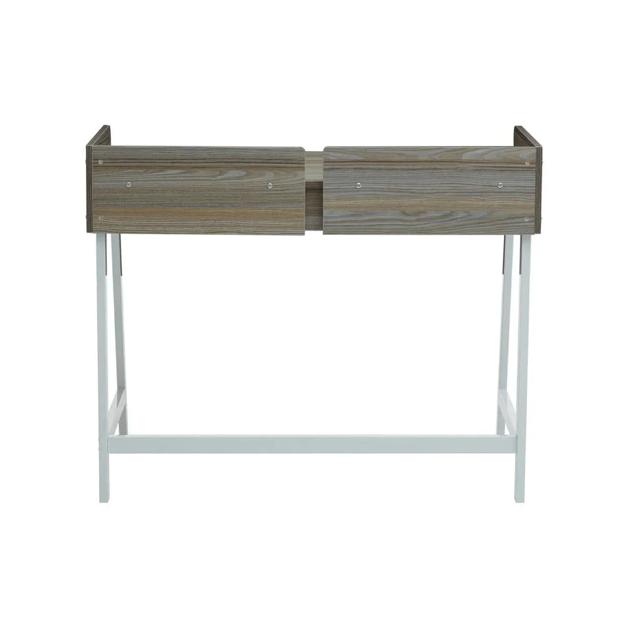Raised wooden planter box with white metal legs for garden or patio use