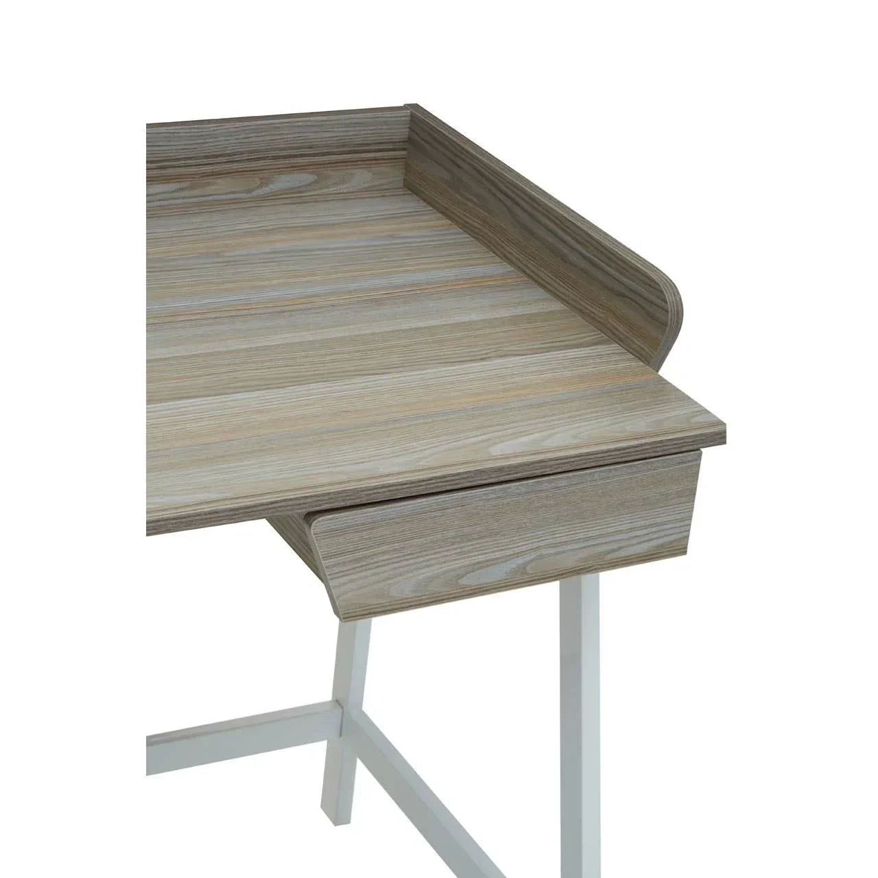 Corner view of wooden desk with drawer and white legs