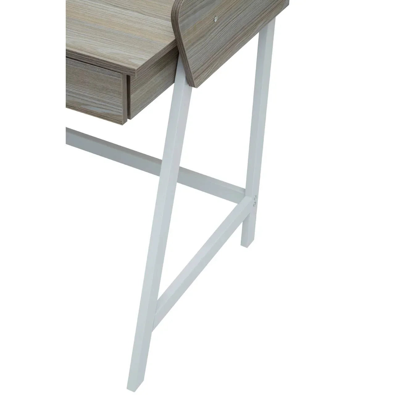 Closeup of wooden desk with white metal legs and integrated drawer