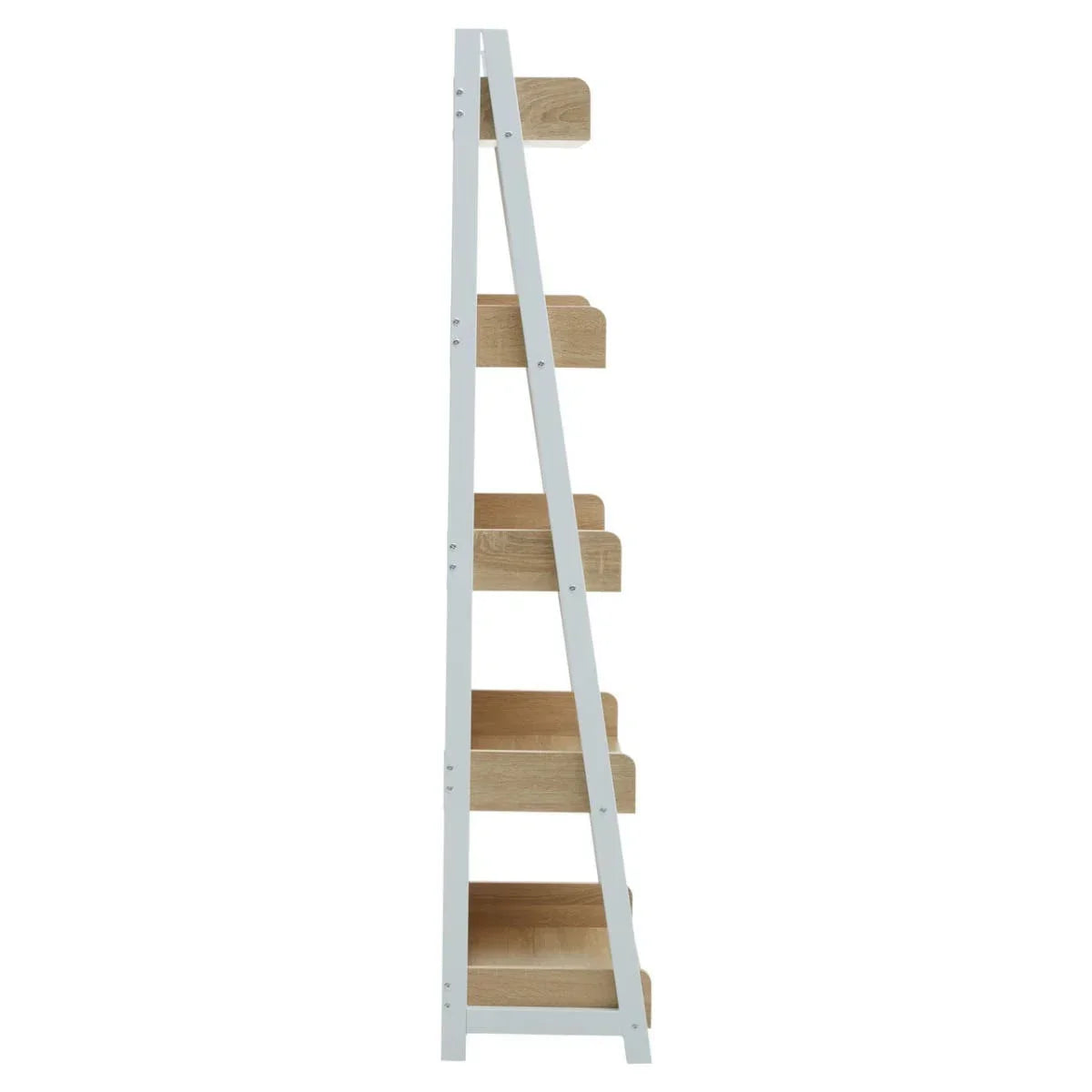Side view of wooden ladder bookcase with white frame and multiple open shelves