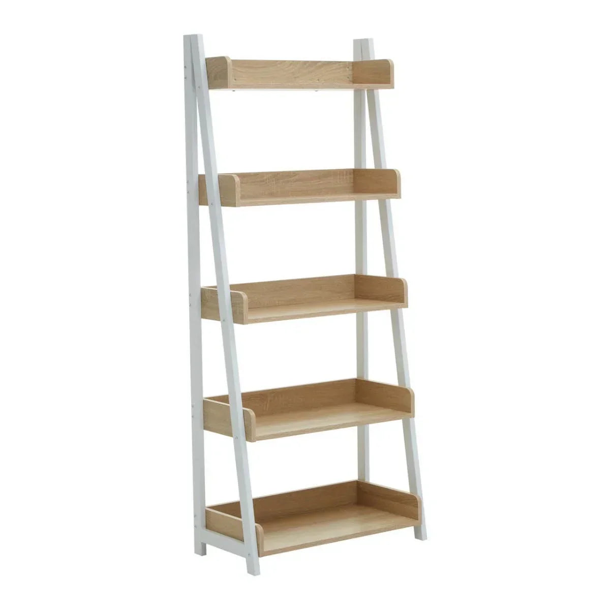 Wooden ladder bookcase with white frame and five open shelves