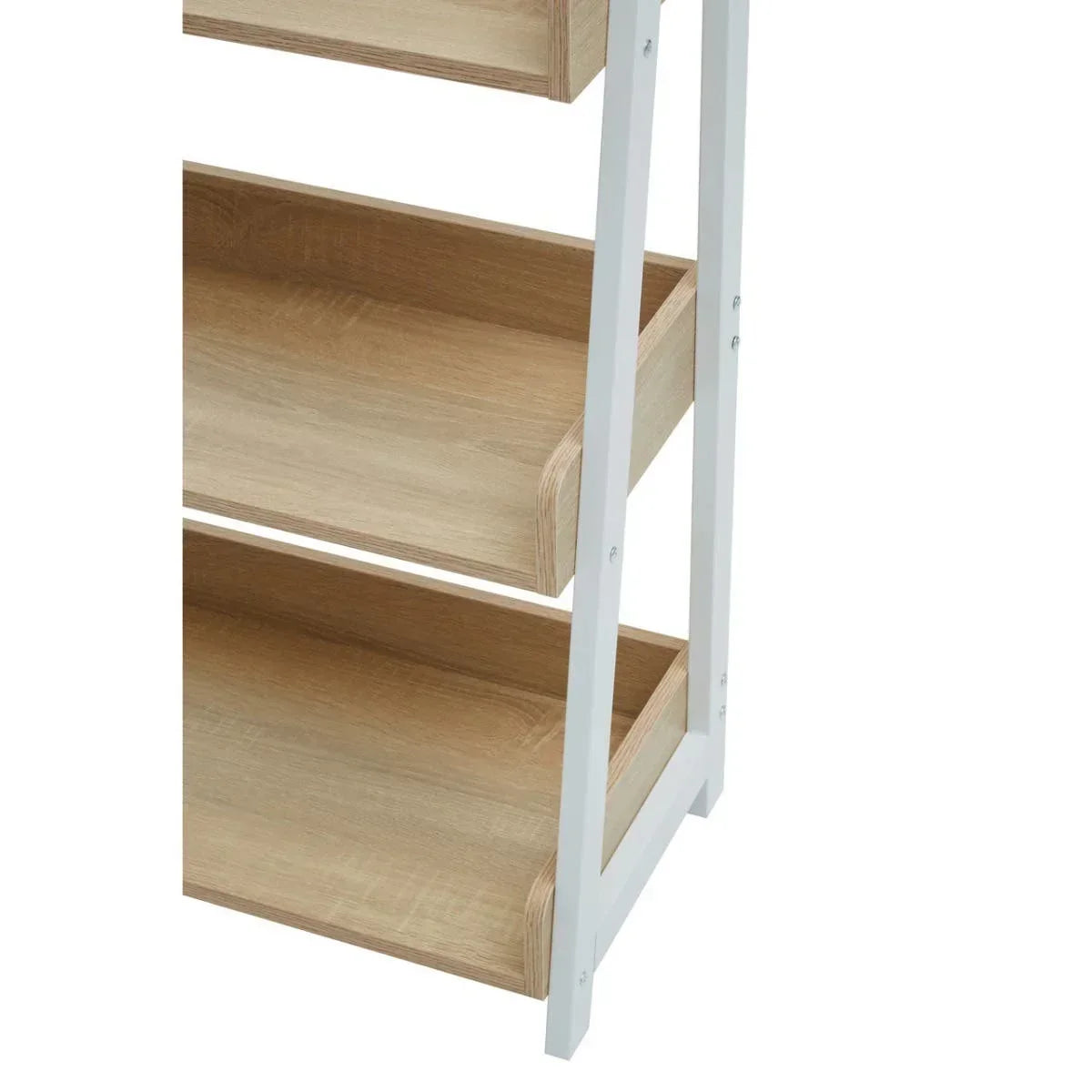 oak effect shelving unit with white frame, close side view of three open shelves