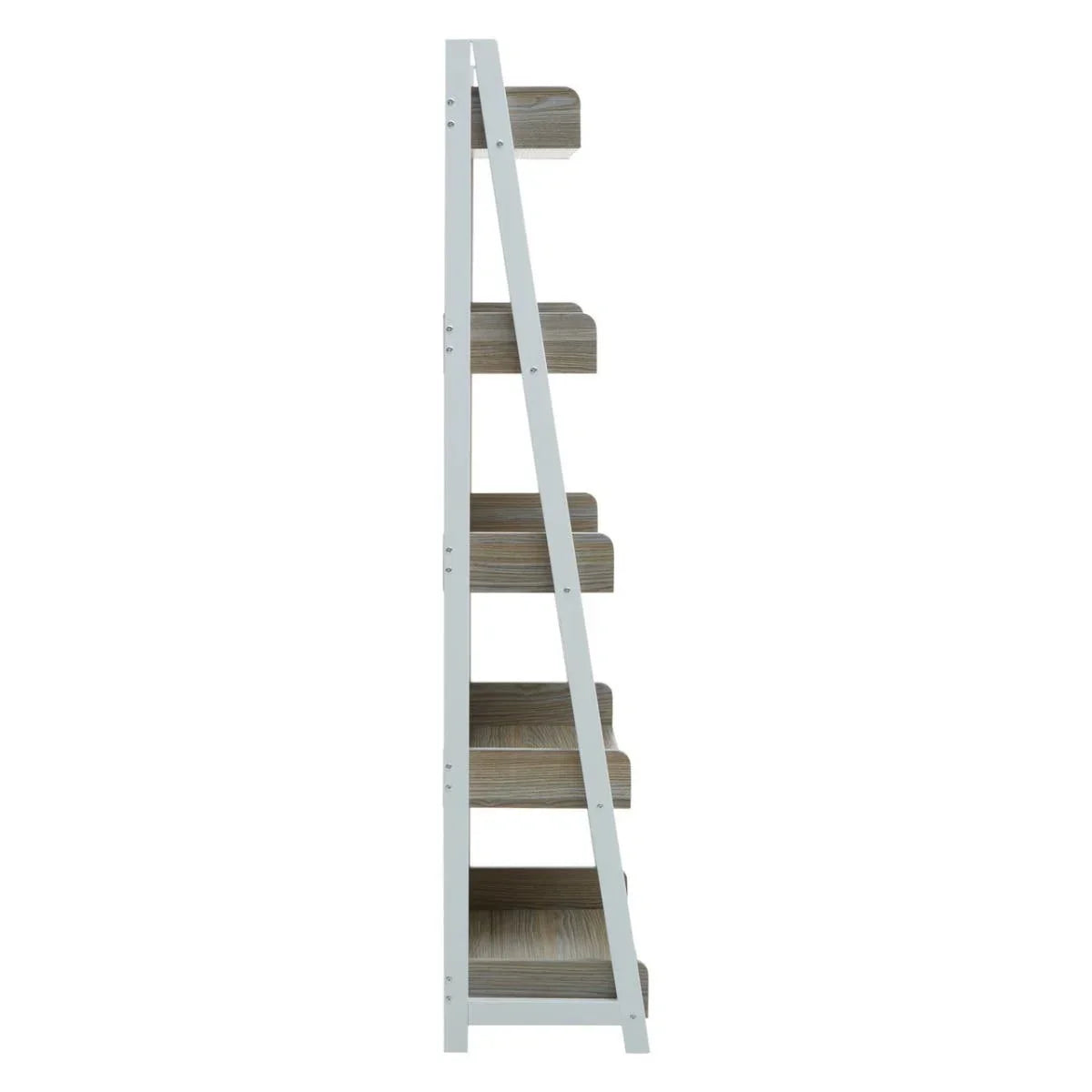 Side view of ladder bookshelf with light wood shelves and white frame