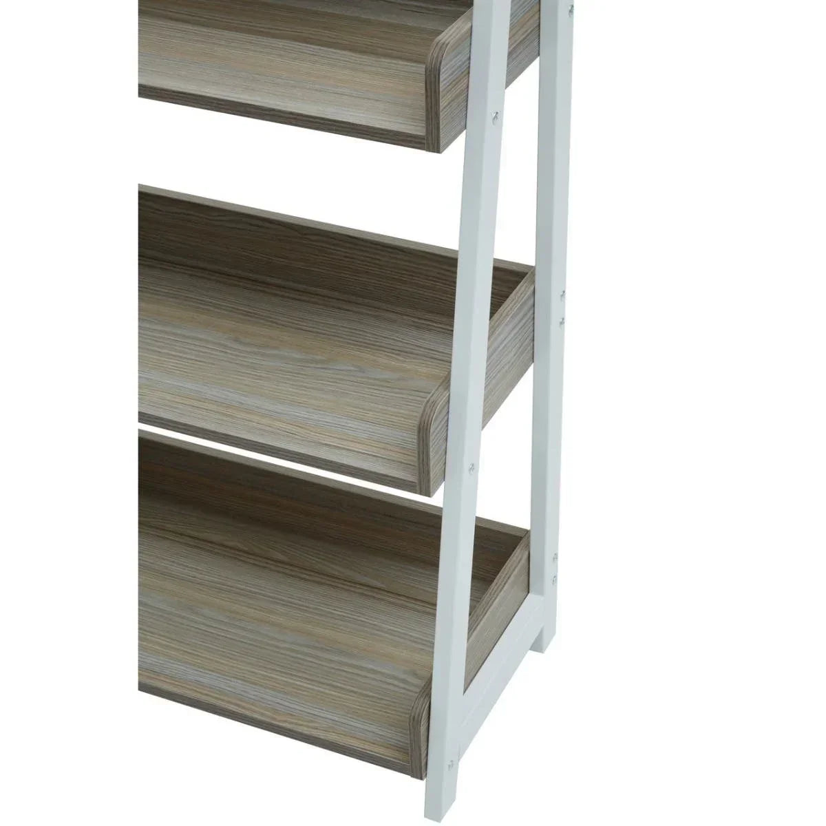 Wooden shelving unit with three light wood shelves and a white frame, side angle view