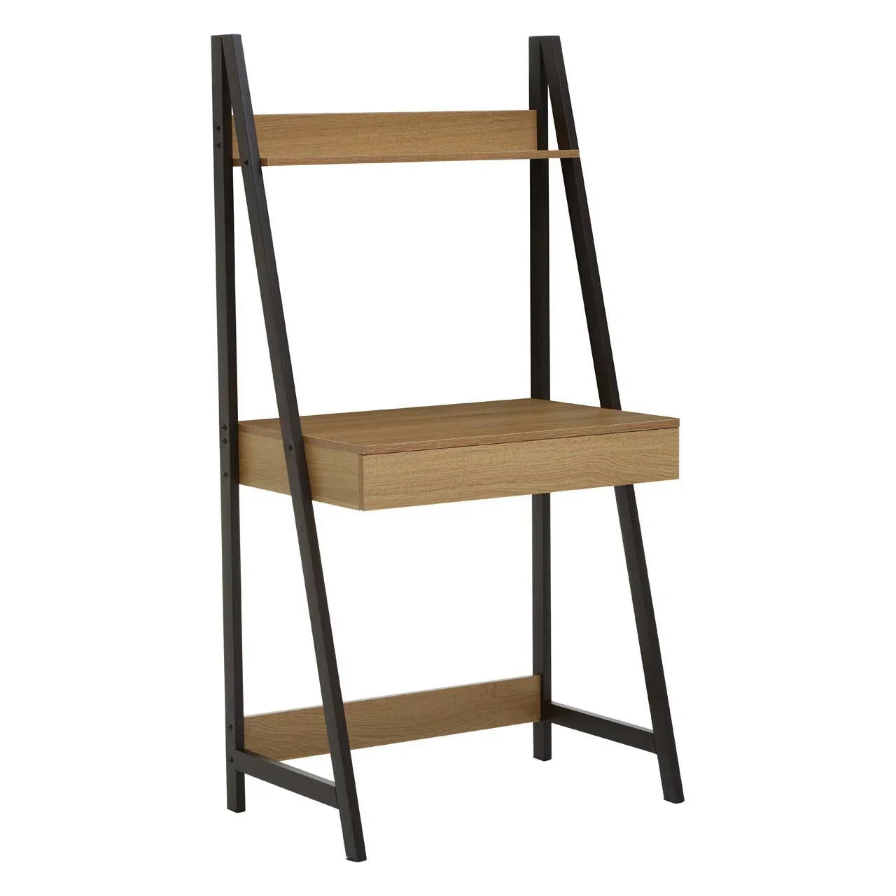 Oak effect ladder desk with black metal frame and upper storage shelf