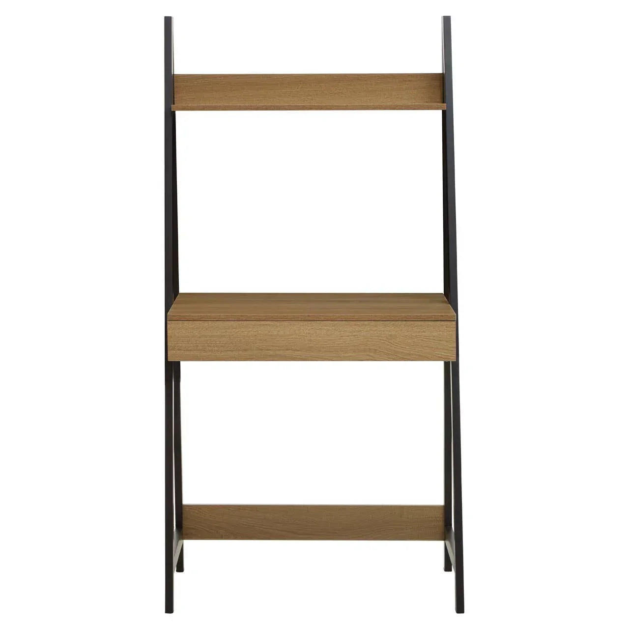 Oak effect ladder desk with black metal frame and two shelves, front view