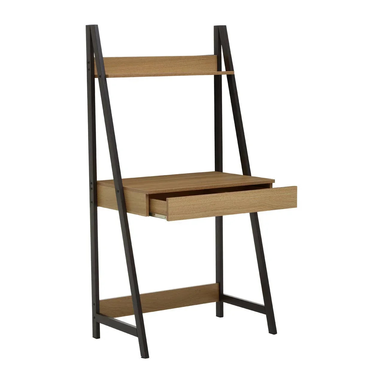 Wooden home office desk with black metal frame, open drawer and upper shelf