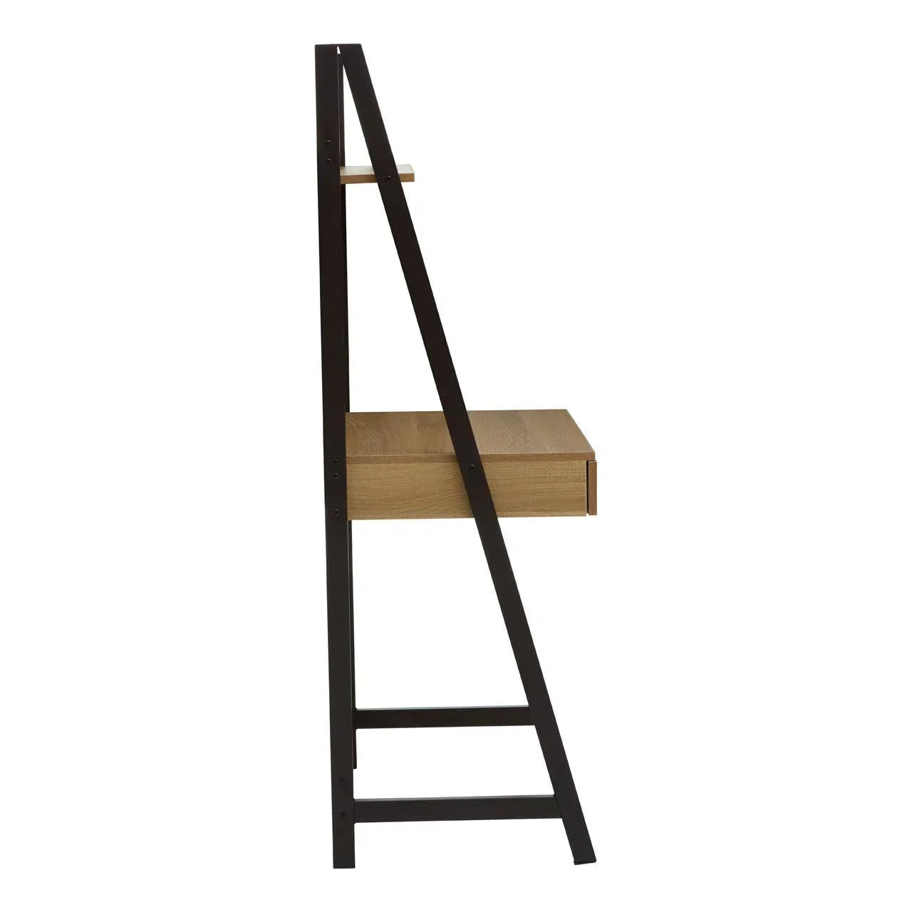 Side view of ladder desk with black metal frame and oak effect drawer unit