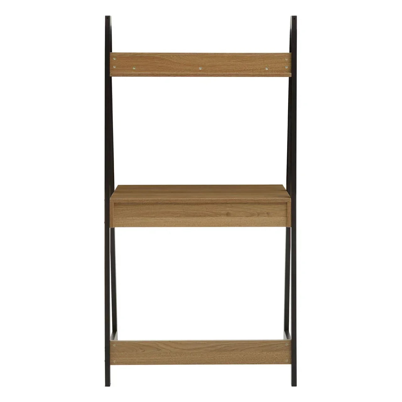 Oak finish ladder desk with black metal frame and storage shelf, front view