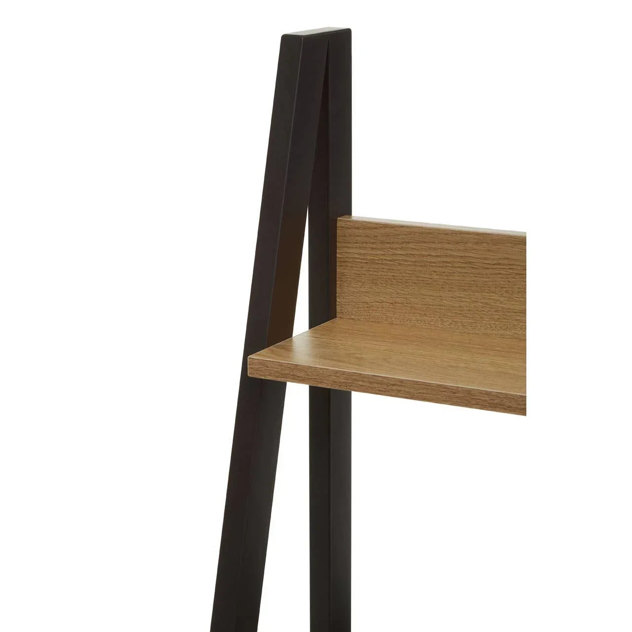 Wooden shelving unit with black metal frame, side angle view highlighting shelf design