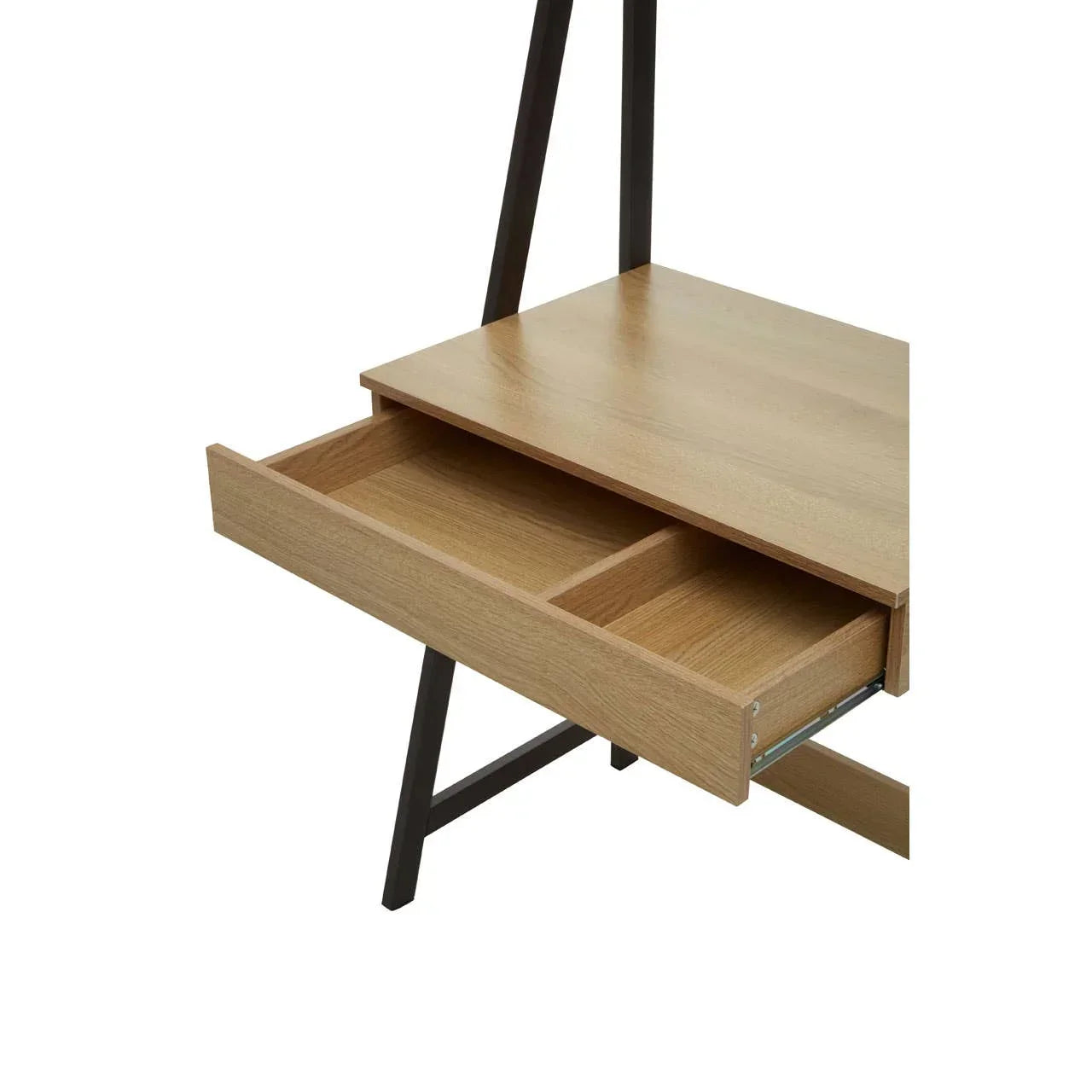 Oak wood furniture desk with open storage drawer and black metal legs