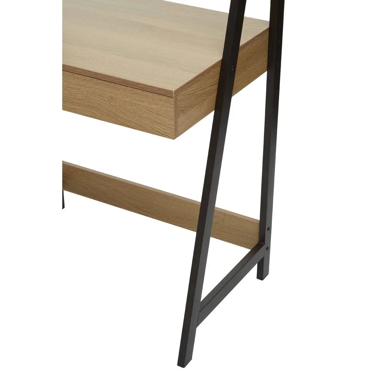 Close-up of wooden desk with black metal legs and rectangular drawer