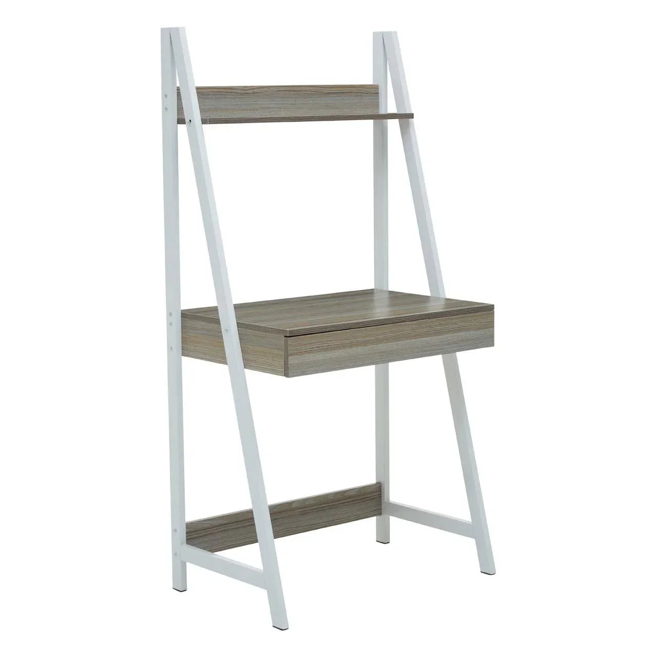 Ladder desk with white metal frame, wood finish shelf and drawer, angled side view