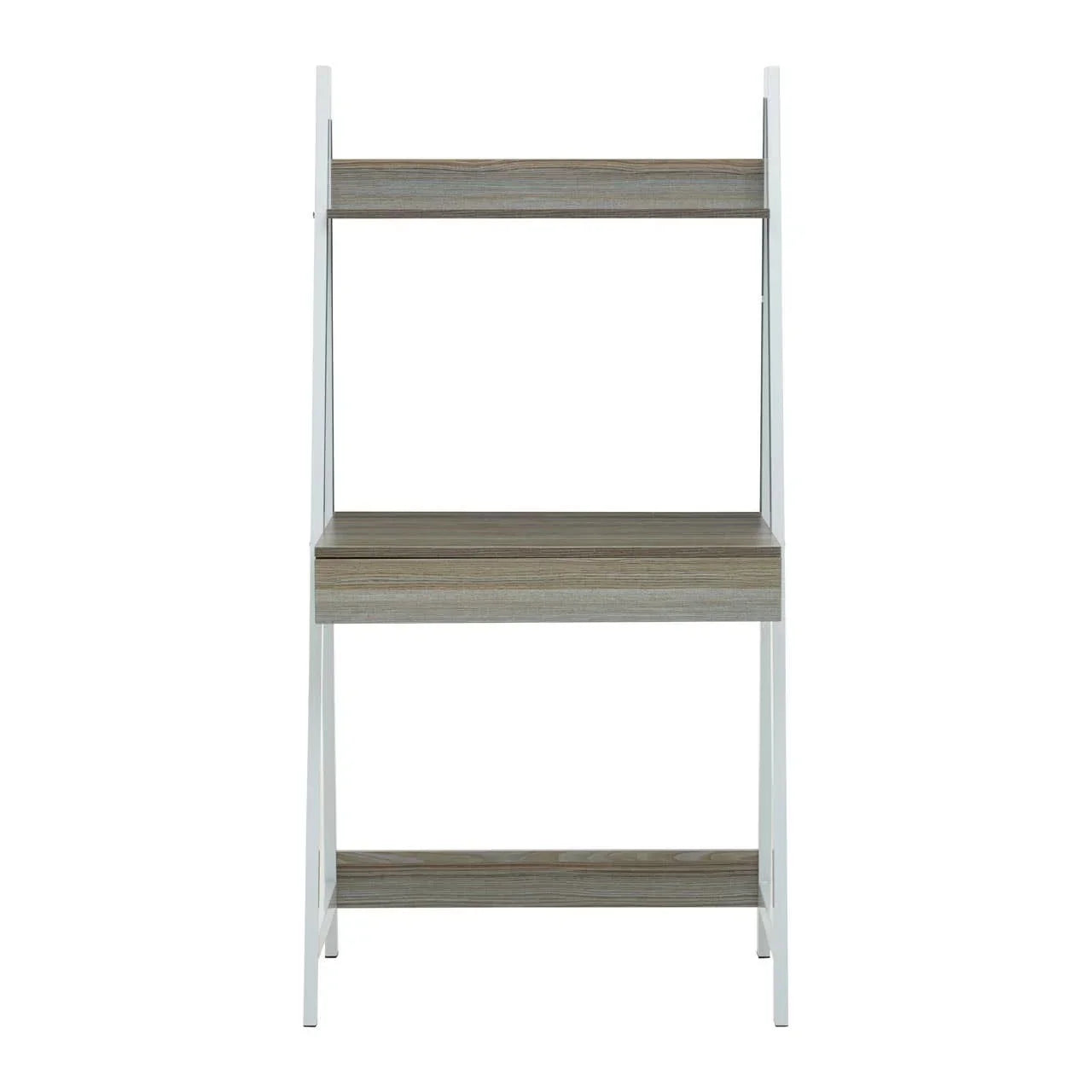 Wooden desk with white frame and shelving, compact home office furniture front view