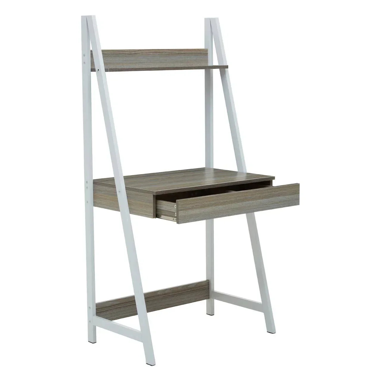 Ladder desk with wood effect shelves, white metal frame, and open drawer