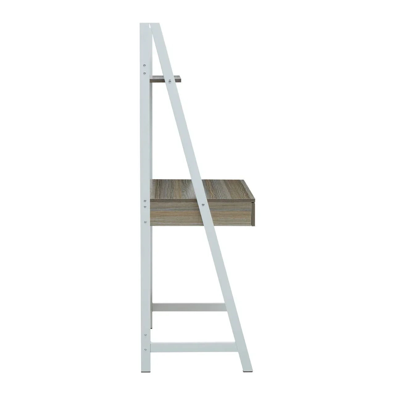Side view of ladder desk with white metal frame and wood grain shelf
