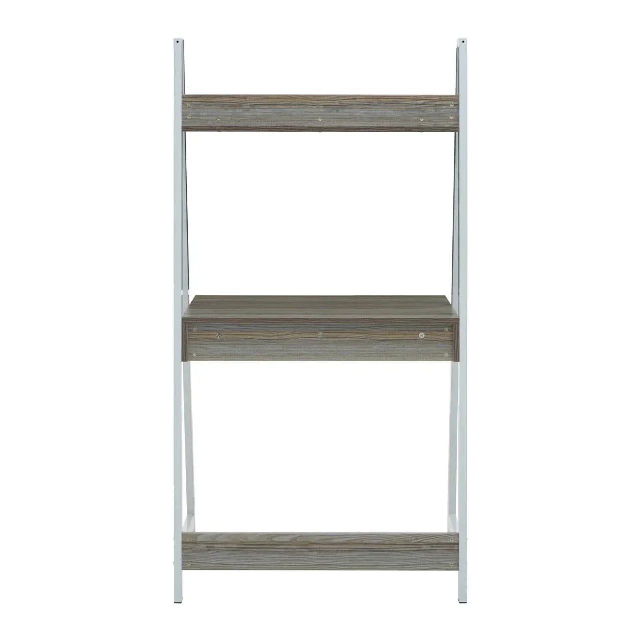 Wooden shelving unit with two shelves and white metal frame, front view