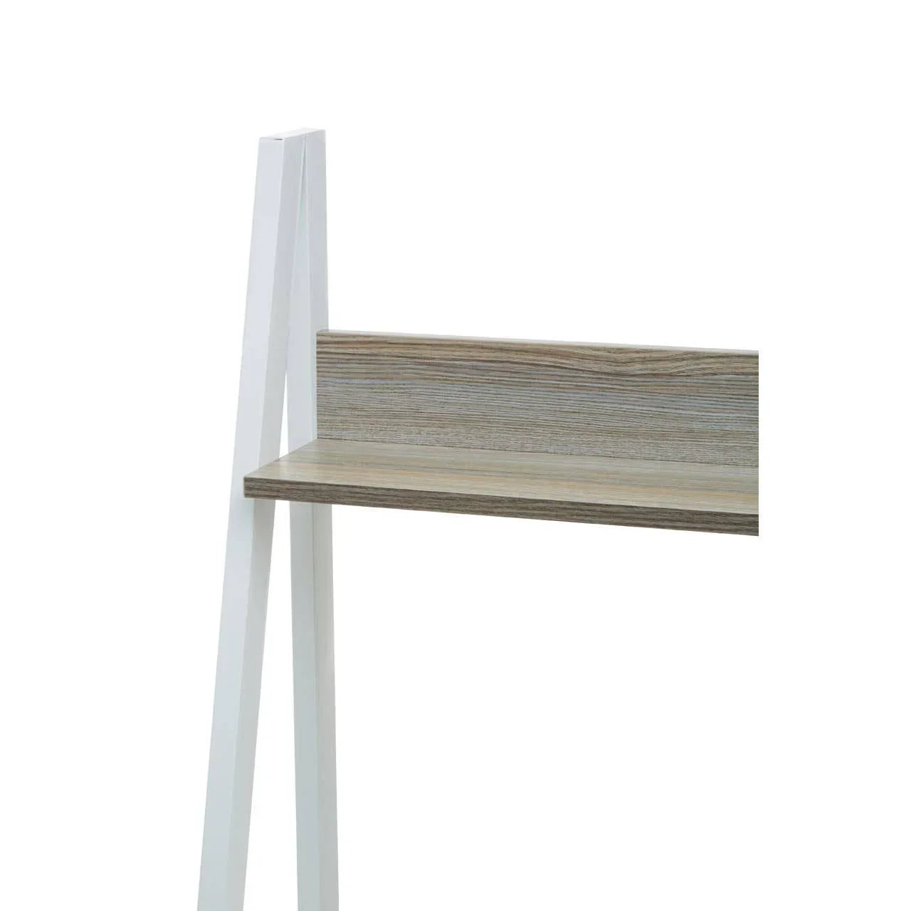 Wood and white metal shelving unit with angled support and single shelf detail