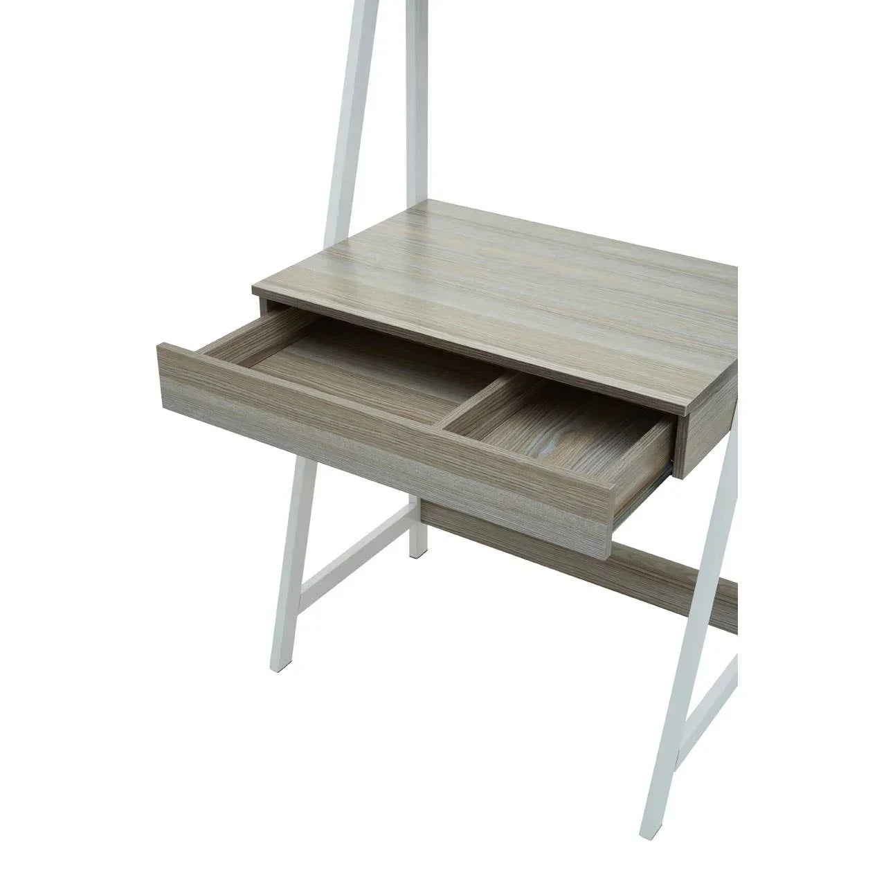 Modern wooden desk with open drawer and white metal legs, close-up view