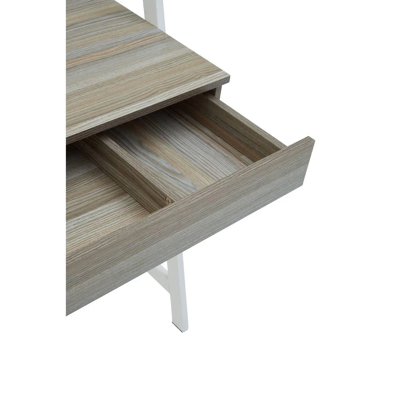 Light wood desk with open storage drawer and white metal legs, closeup angle