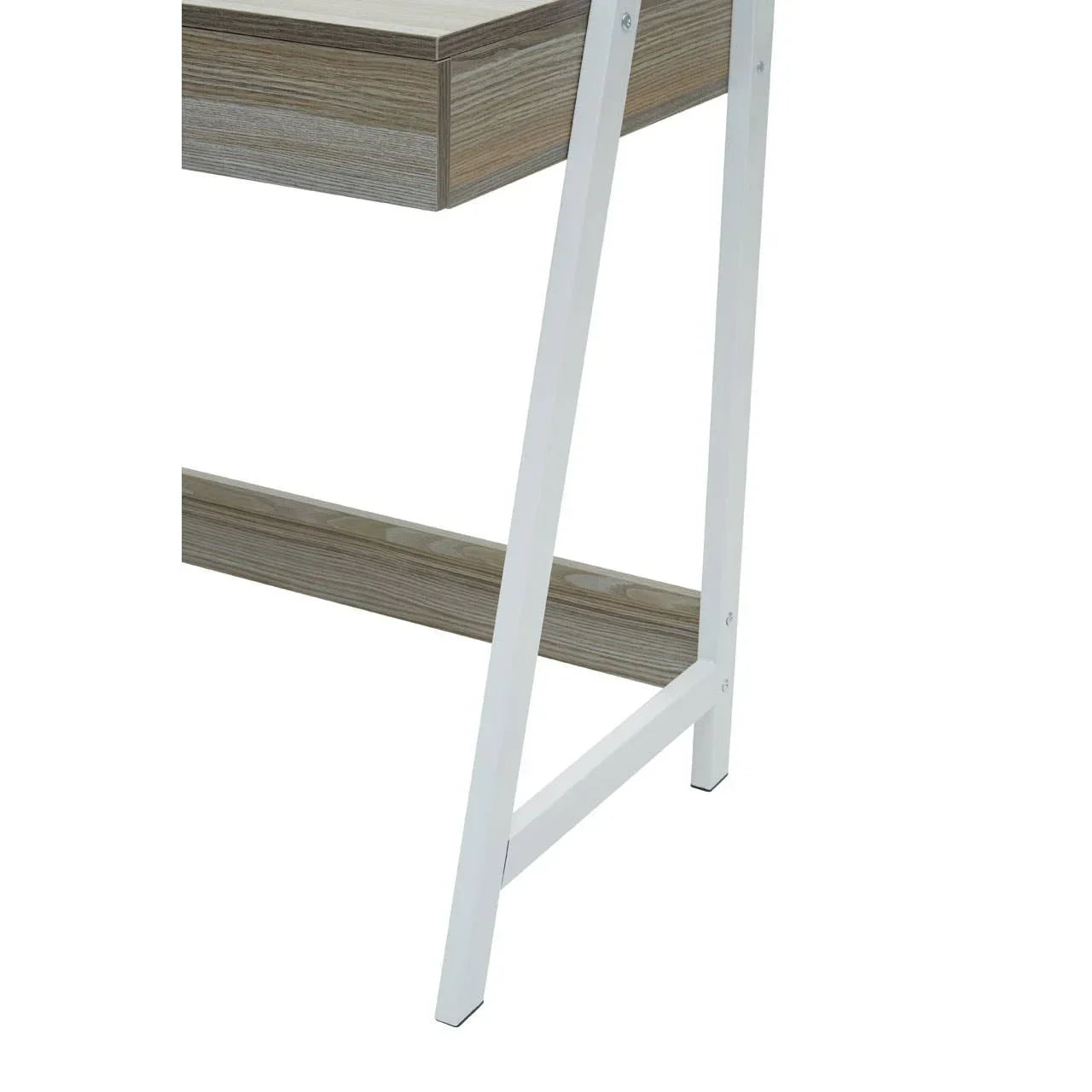 Wood desk with metal white legs and wood grain finish, close-up corner view