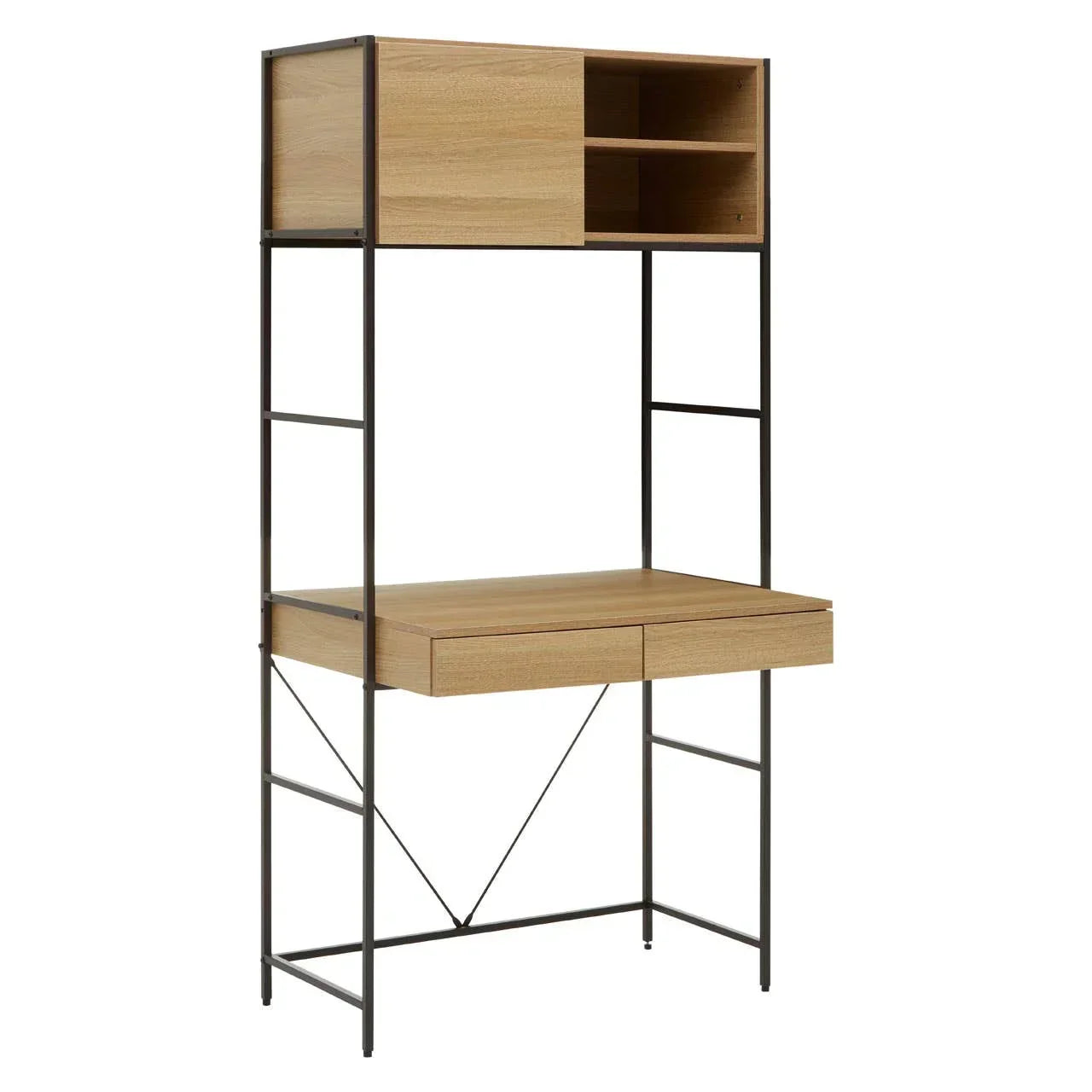 Oak wood desk with shelves, black metal frame, two drawers and upper cubby storage