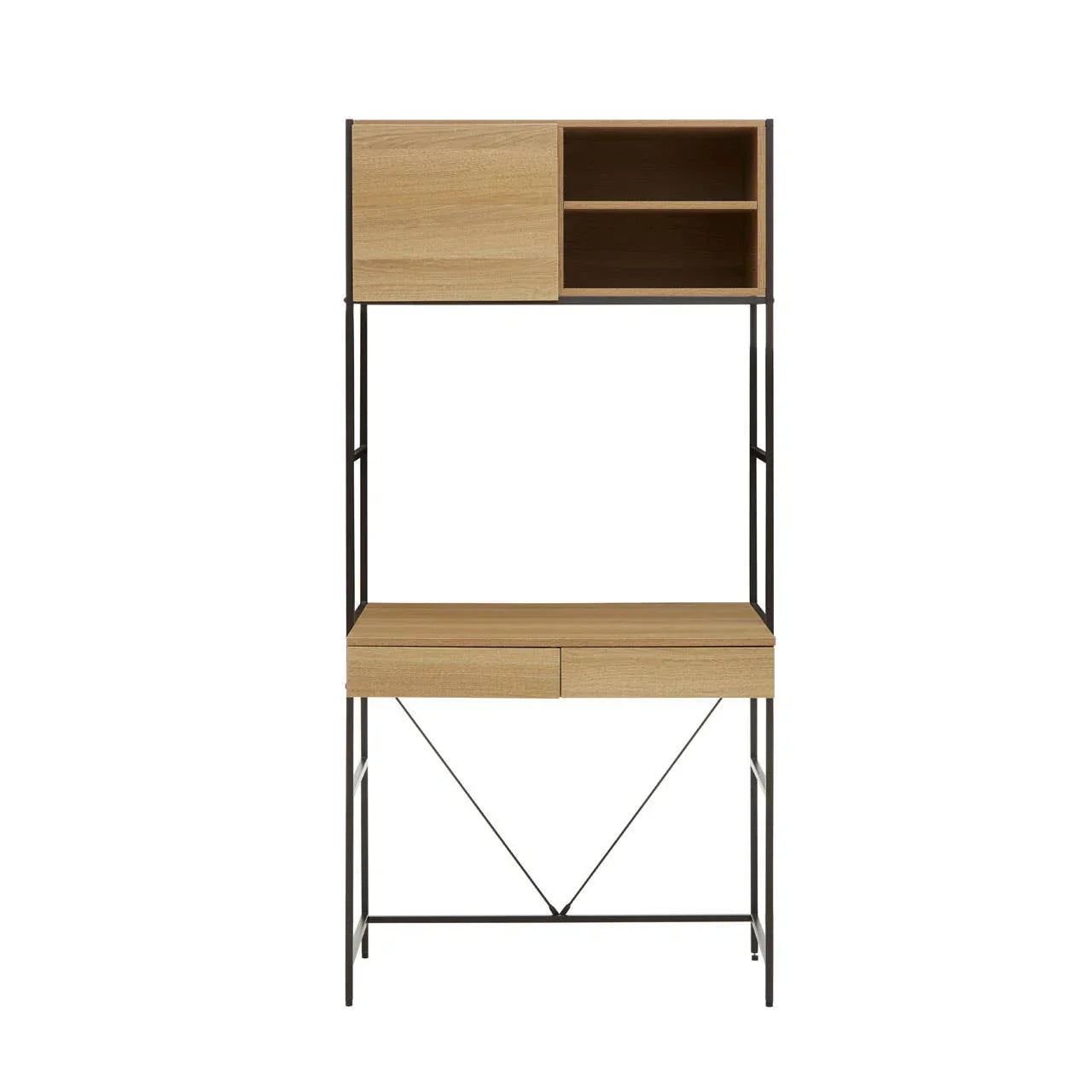 Oak effect desk with metal frame, upper shelves, two drawers and storage cabinet