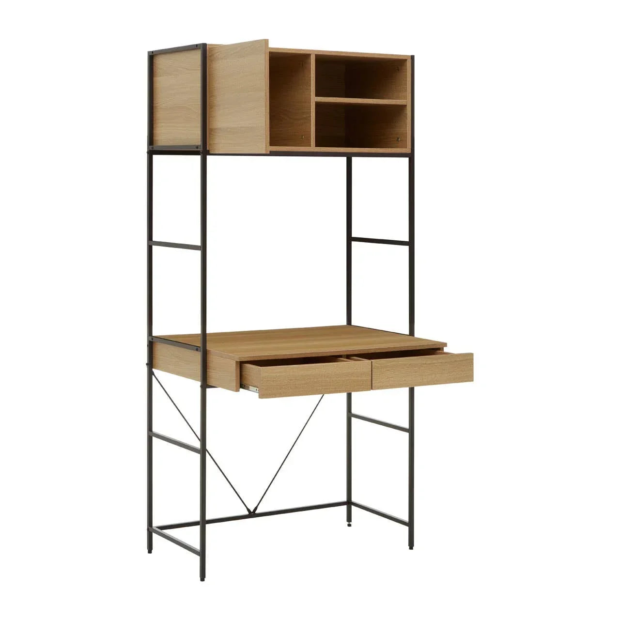 Oak wood desk with metal frame, shelves and open drawers, modern home office furniture