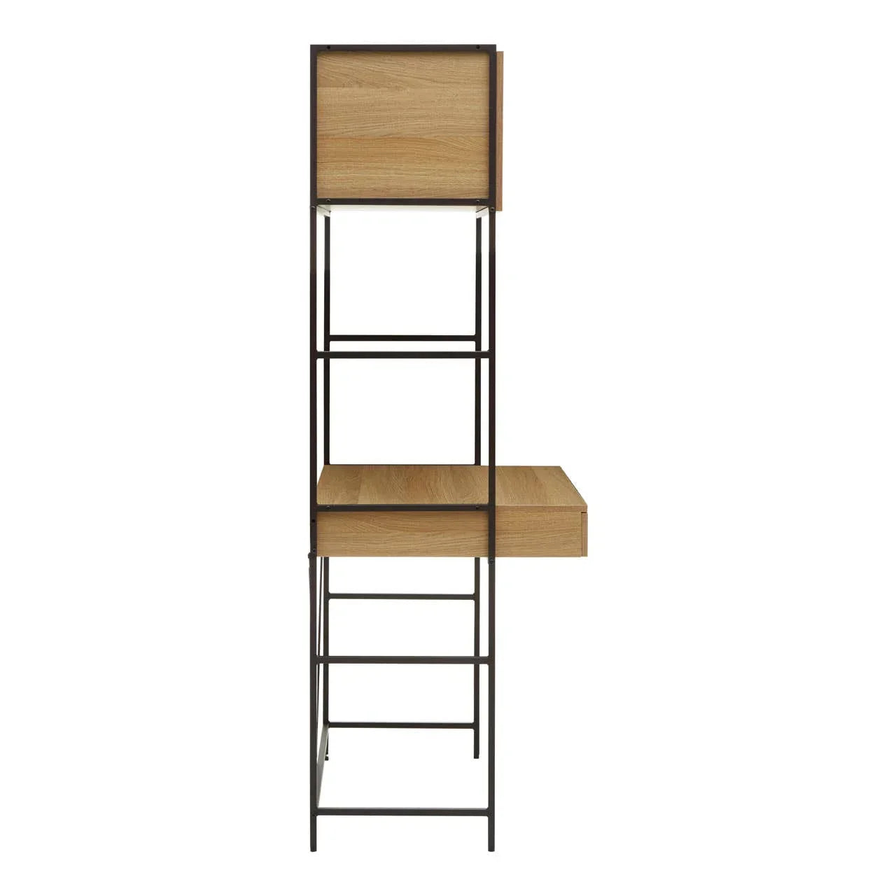 Side view of wood and metal desk with shelving unit and integrated storage box