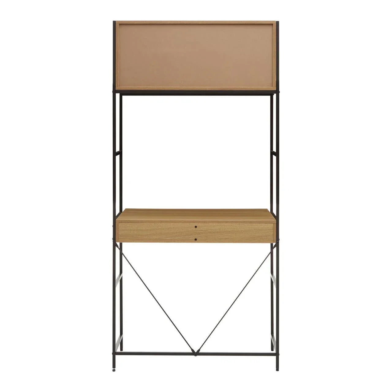 Tall wooden desk with black metal frame and upper storage shelf
