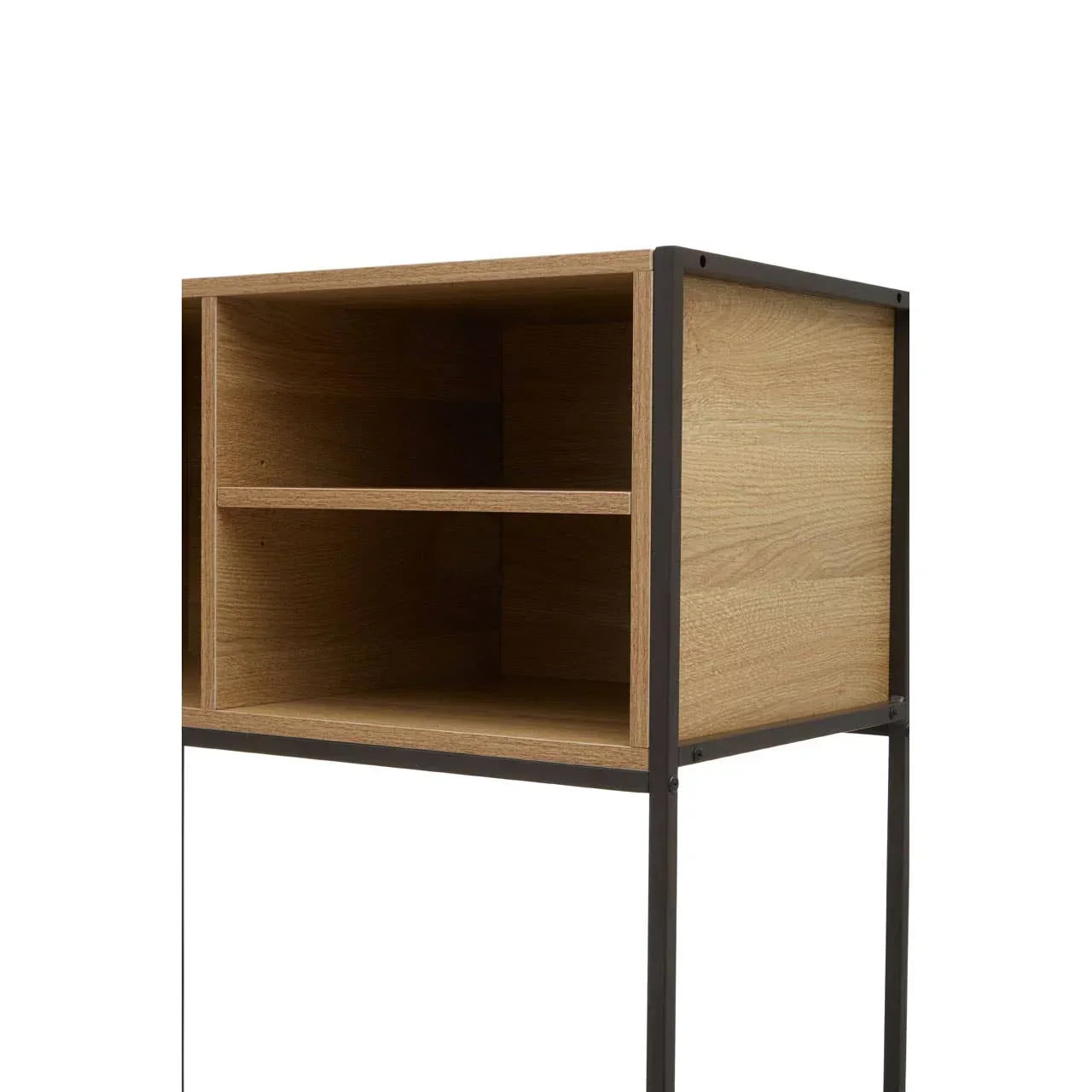 Oak effect storage unit with black metal frame and open shelving, angled side view