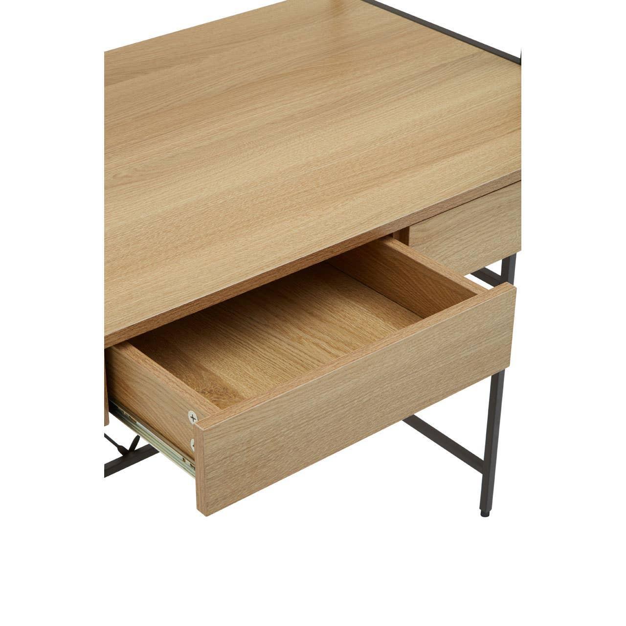 Wood desk with metal legs and open storage drawer, light oak finish