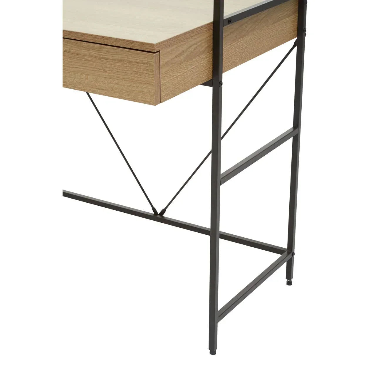 Oak effect desk corner with black metal frame and drawer detail