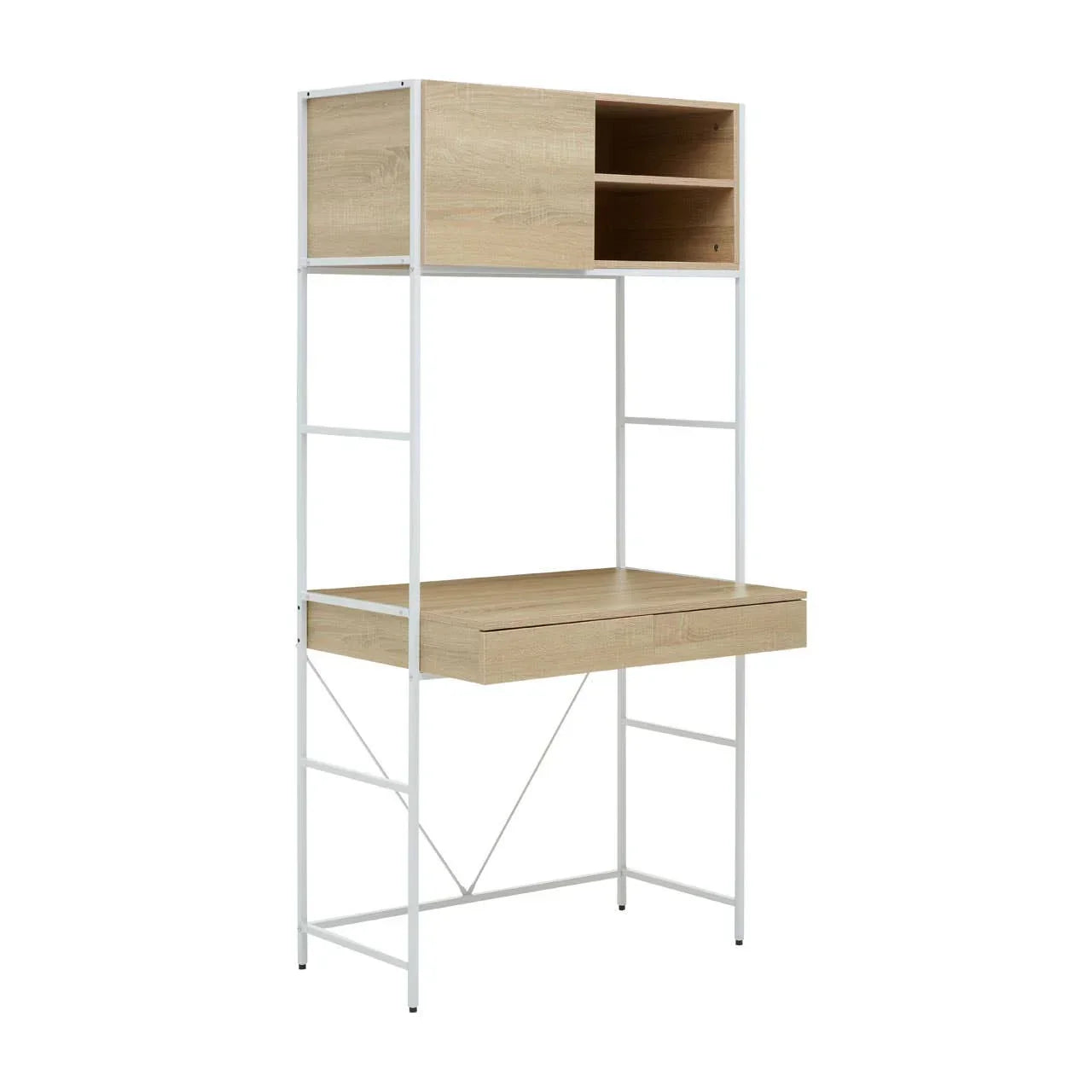 Oak effect computer desk with drawer, white frame, top shelves, modern home office furniture