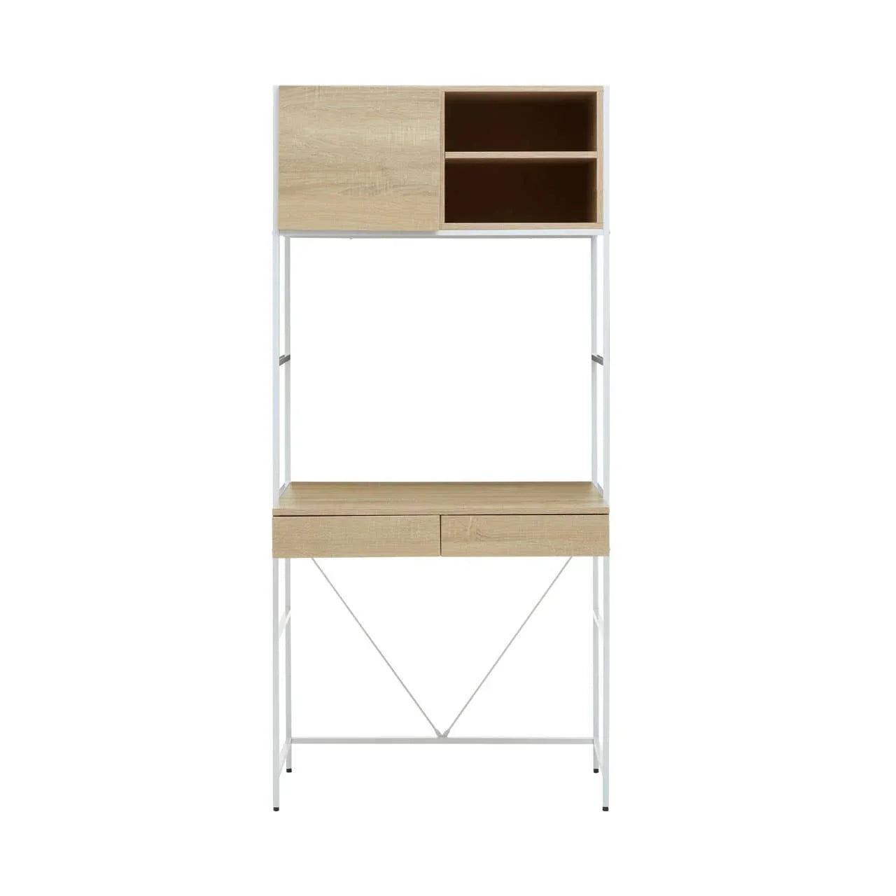Oak effect desk with white metal frame, shelving, two drawers, and open storage compartments