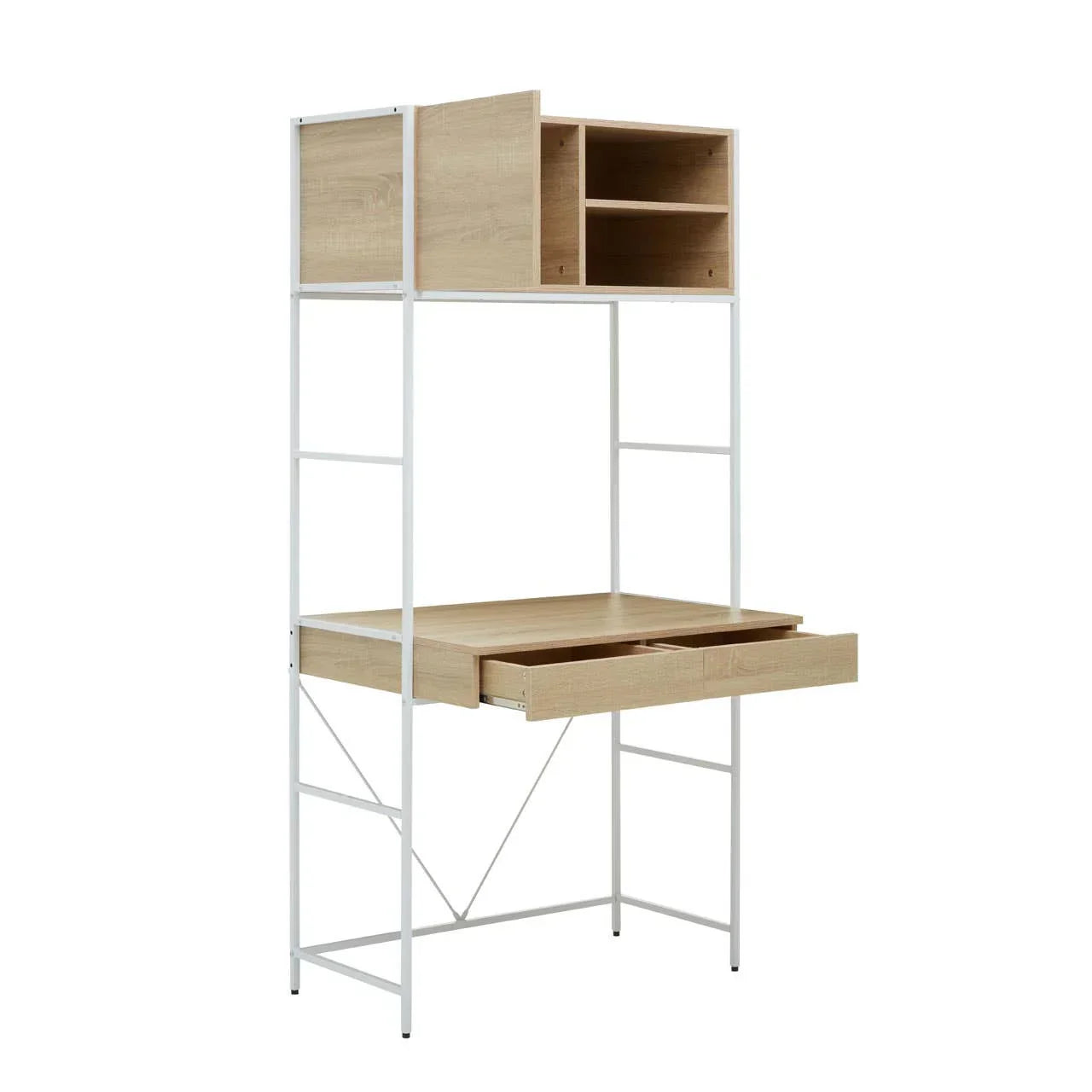 Oak effect desk with white frame, open drawer, overhead shelves and storage compartments