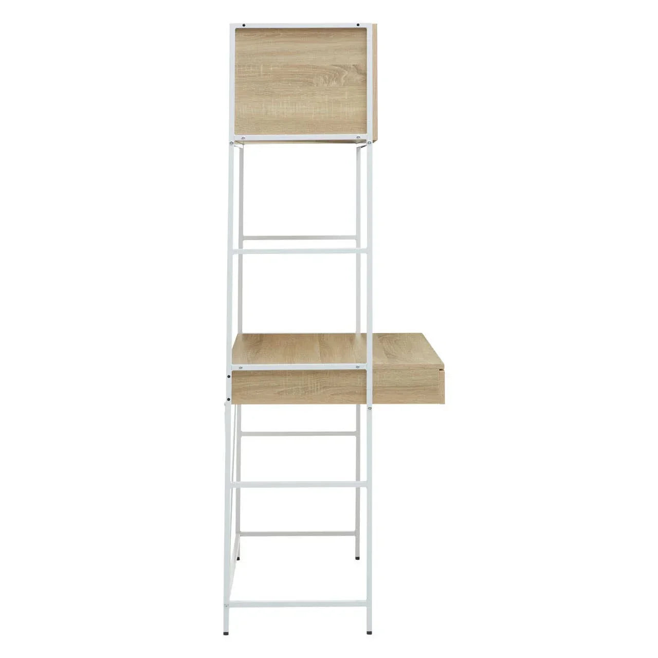 Side view of wooden desk with white metal frame and upper storage shelf