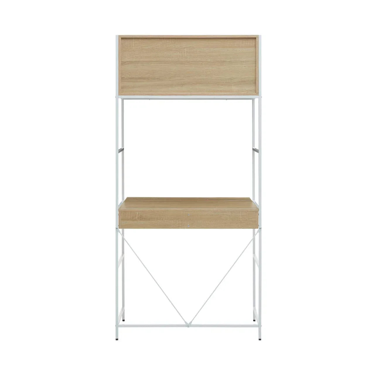 Oak effect desk with white metal frame and overhead storage compartment, front view