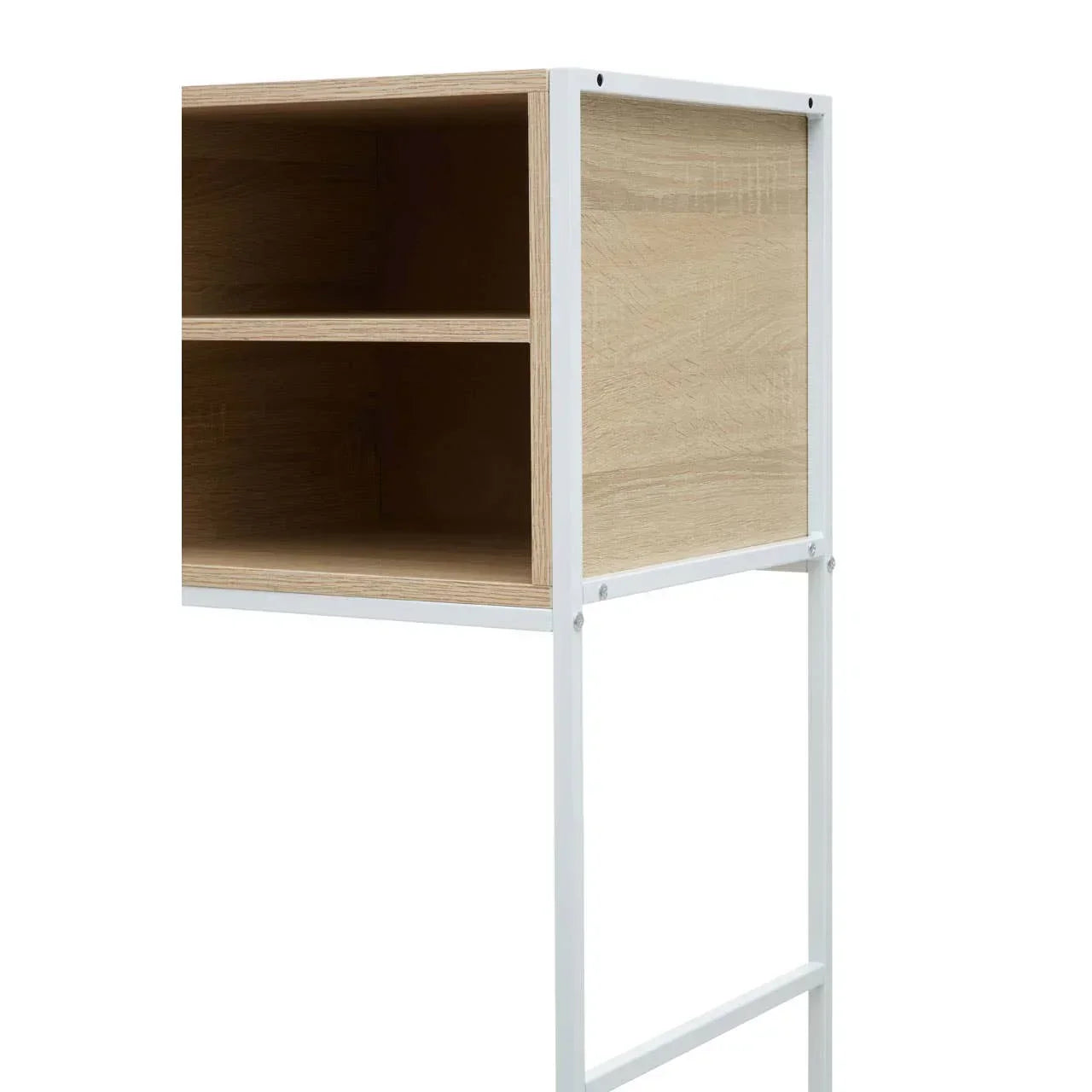 Modern shelving unit with oak wood effect shelves and white metal frame, side view