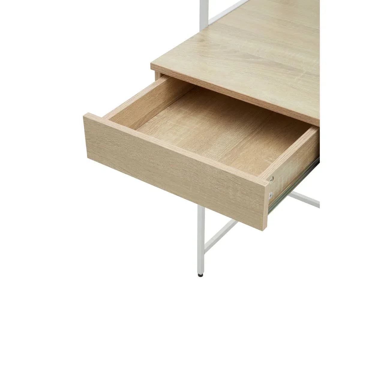 Oak effect furniture drawer with white metal legs, close view of open storage