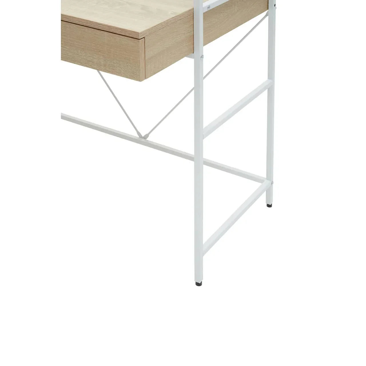 Close-up of wood and metal desk leg with white frame and light oak finish drawer