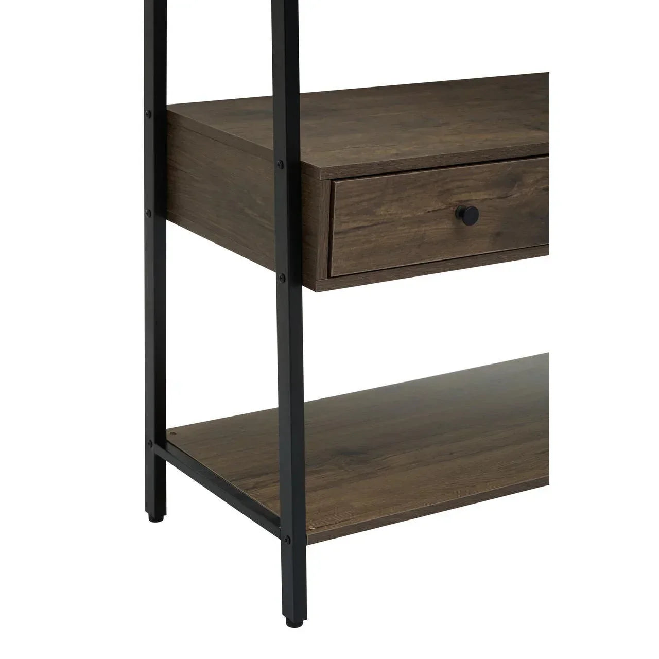 Wooden shelving unit with black metal frame and single drawer