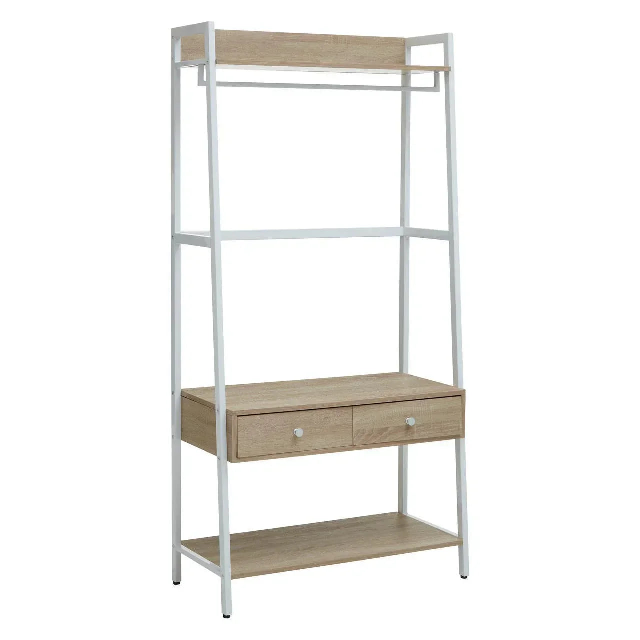 Wood and white metal clothes rack with two drawers and open shelf