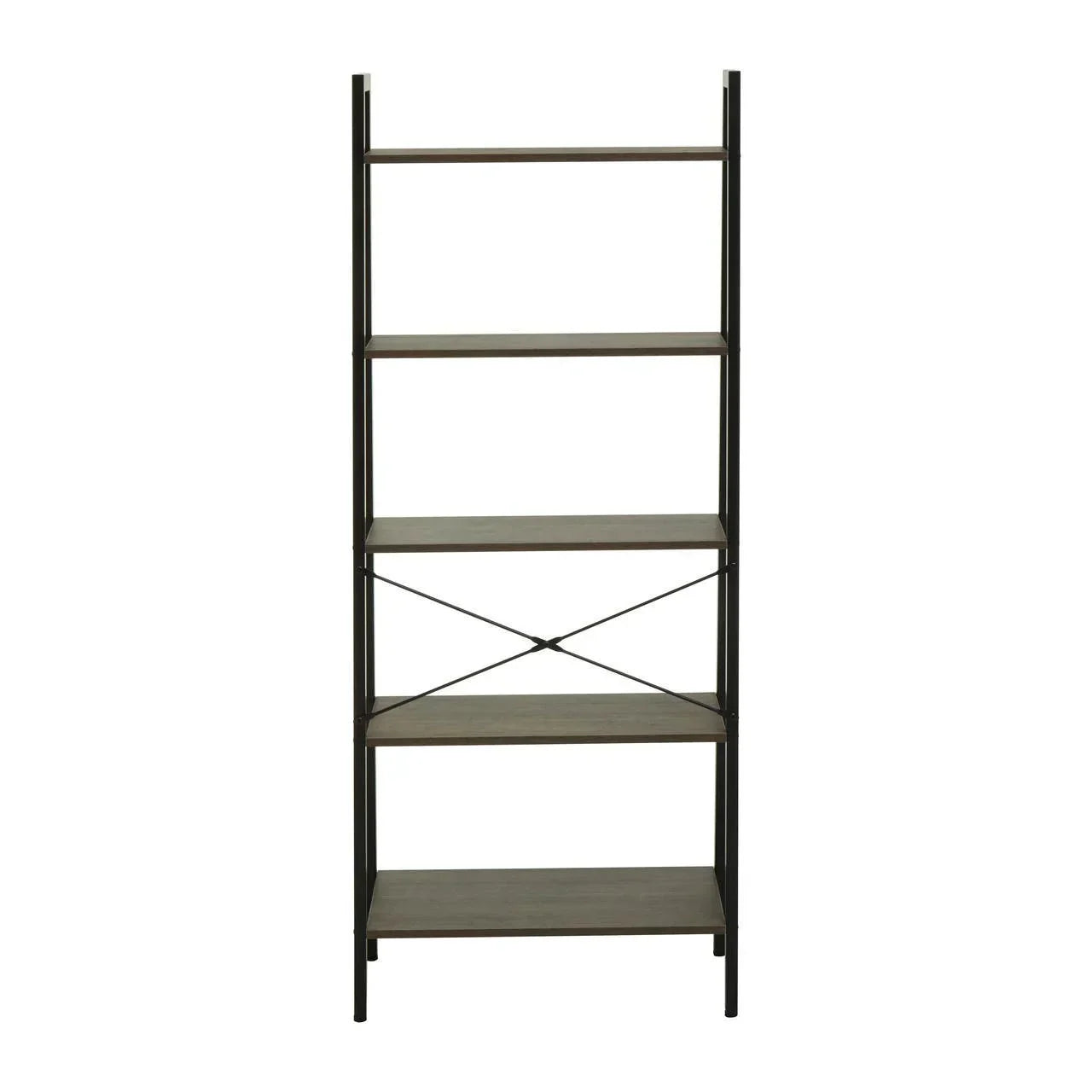 Tall shelving unit with five wooden shelves and metal frame, front view