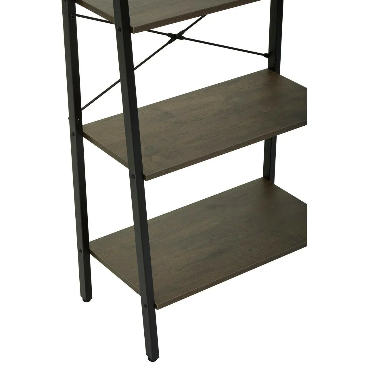 Dark wood shelving unit with black metal frame and three open shelves