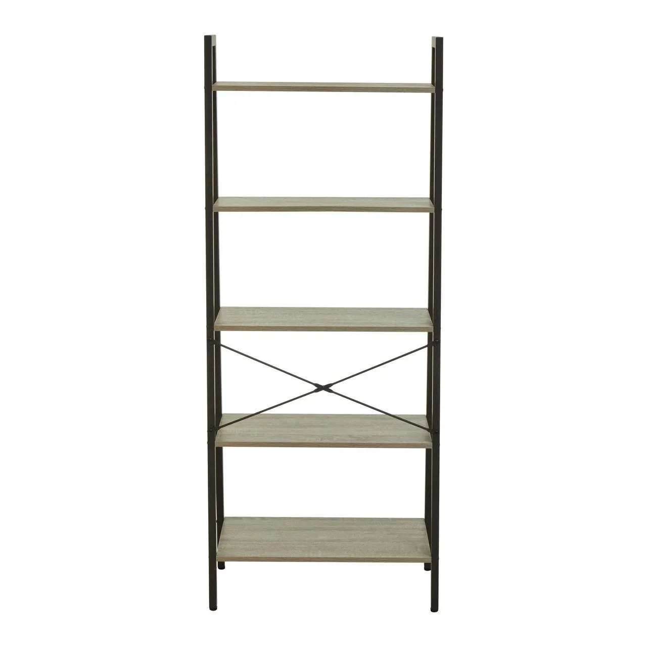 Tall shelving unit with metal frame and five wood shelves, front view