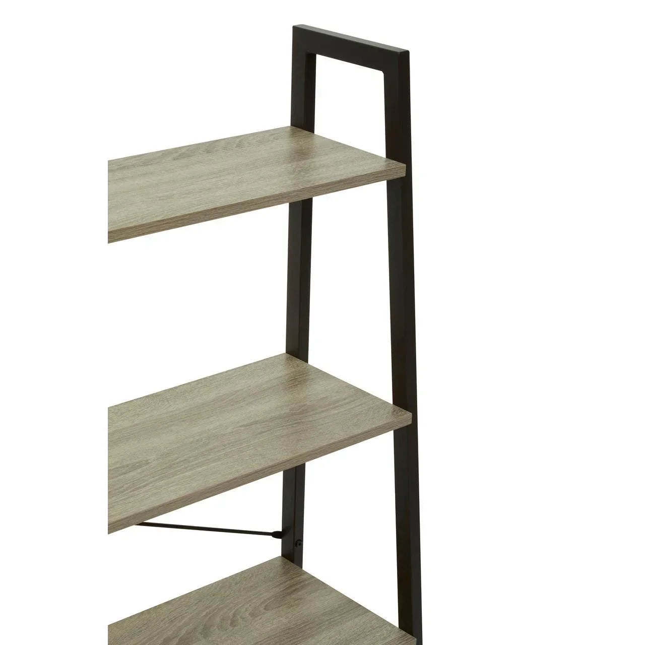 Closeup of three-tier wooden shelving unit with black metal frame