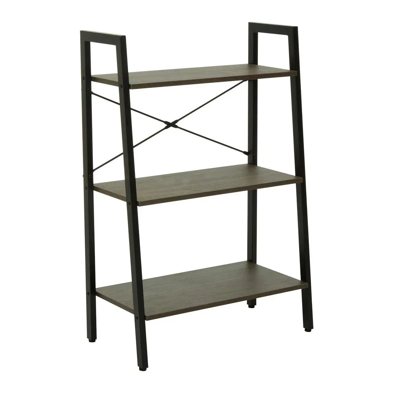 Three tier wooden shelving unit with black metal frame and open sides